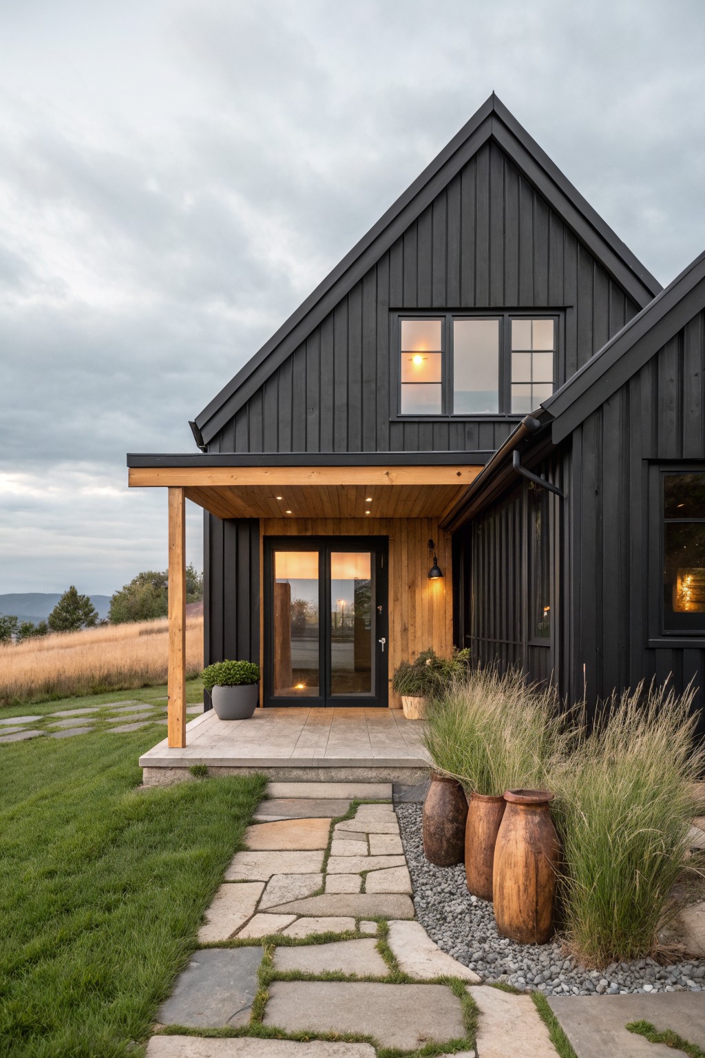 A modern black board-and-batten sided house with a gabled roof, covered wooden porch entry, stone pathway, potted plants, and ornamental grasses leading to a grassy yard with hills in the background.