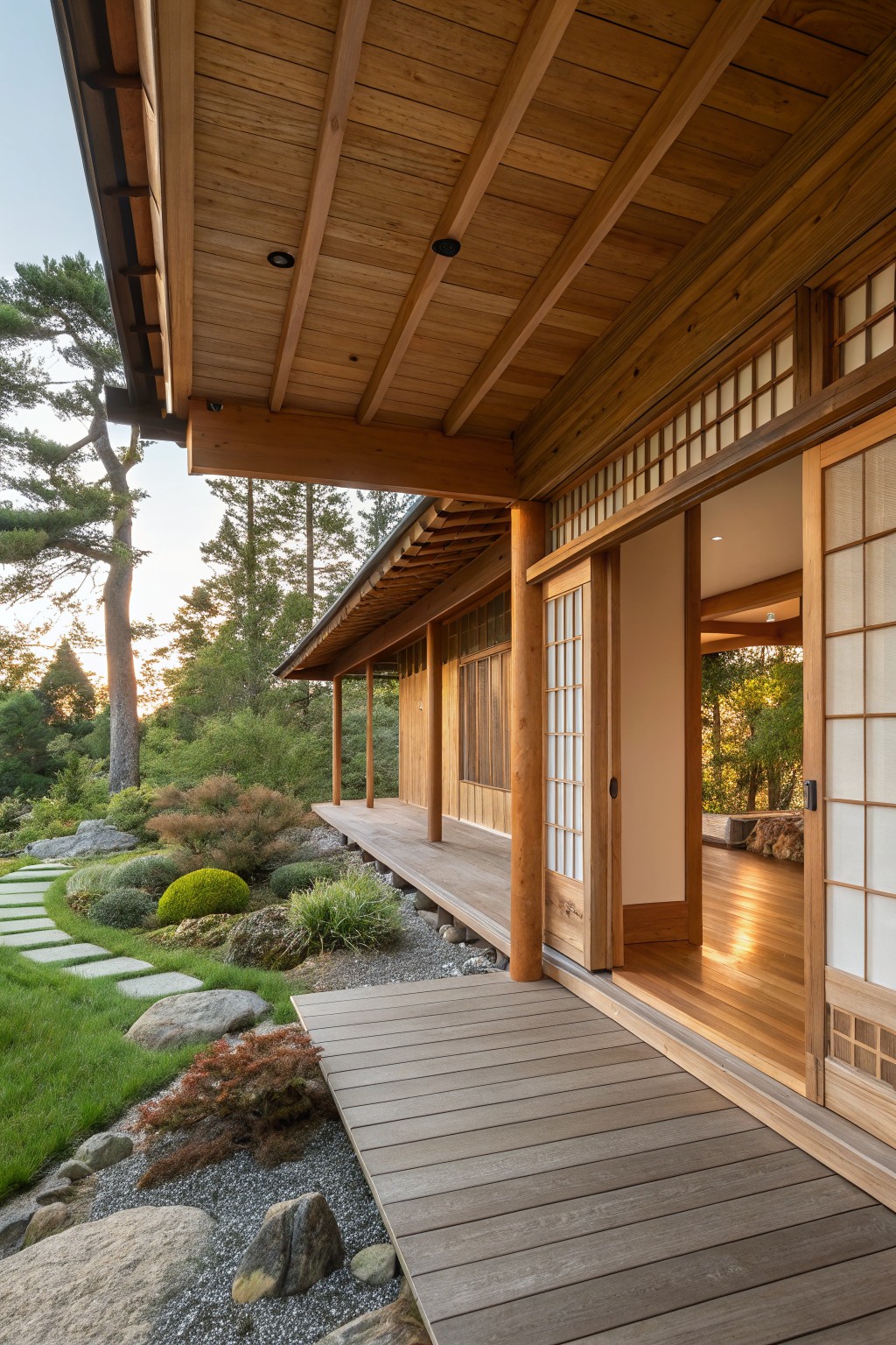 Side exterior of a wood-clad Japanese-style house with an engawa veranda, open shoji doors revealing interior flooring, wooden beams overhead, and adjacent gravel garden with stepping stones and trees.