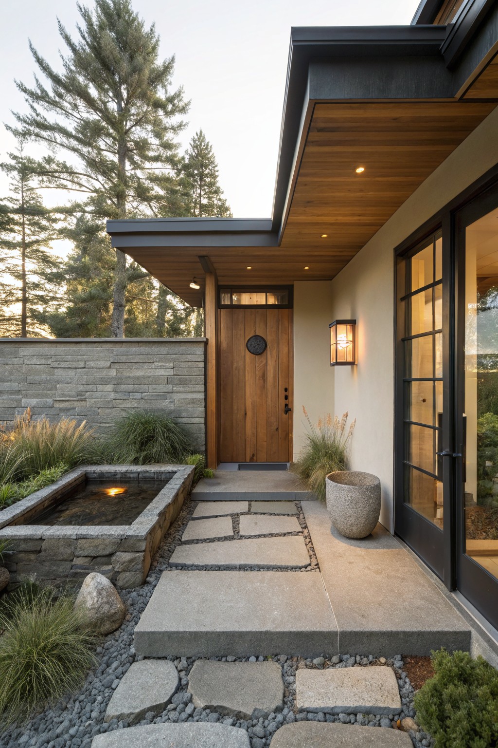 Exterior view of a modern house entry with a wooden door featuring a round window, adjacent glass doors, overhanging wooden roof, stone perimeter wall, small rectangular stone-lined pond, meandering flagstone path, ornamental grasses, large boulder pot, and tall pine trees in the background.