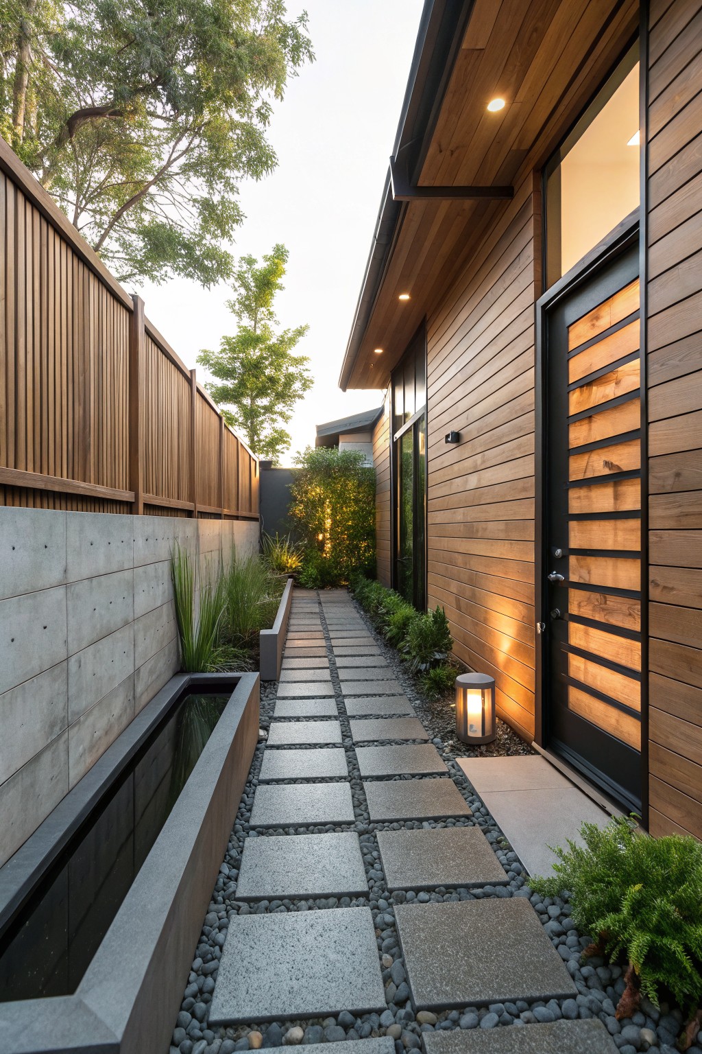 Narrow pathway of large gray stone pavers beside a long rectangular concrete water channel filled with dark water, edged with pebbles and grasses, next to a tall wooden fence and a modern house wall with horizontal wood cladding and a slatted wooden entry door.