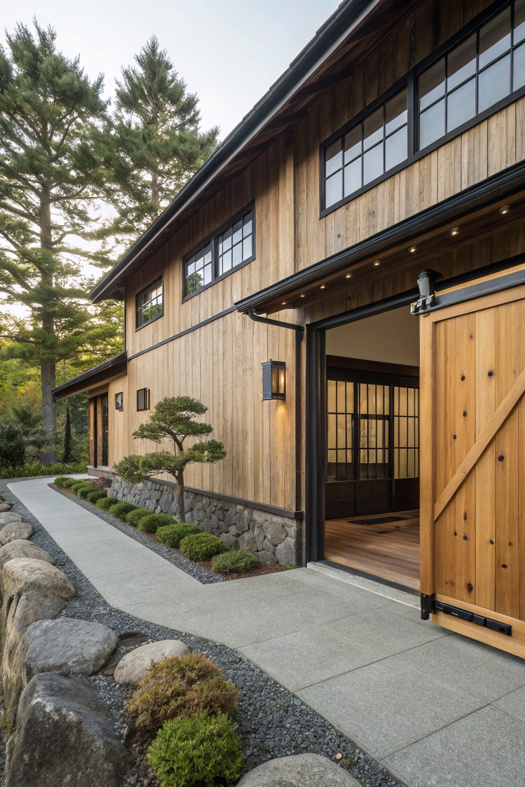 Side exterior of a two-story house featuring vertical cedar wood siding, black metal window frames, large open wooden sliding garage door with Z-bracing and black hardware, bonsai tree next to a smaller entry door, wall lantern, stone retaining wall, gravel mulch, low shrubs, and concrete path.