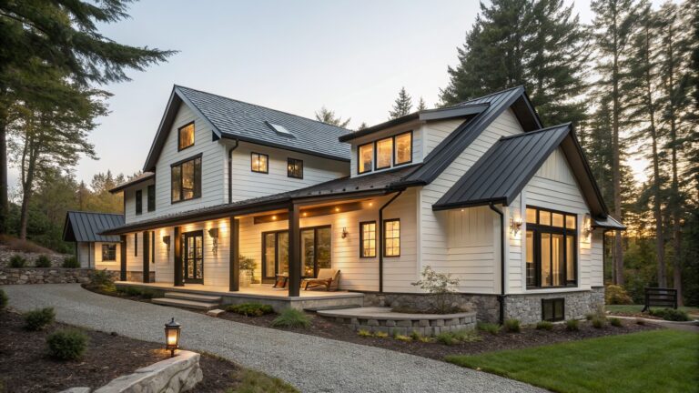 16 Modern Japanese Farmhouse Exteriors That Inspire Simplicity Two-story house exterior with white vertical board-and-batten siding, black-framed windows and doors, dark metal gable roof, wraparound porch, stone steps, gravel driveway, and low landscaping at dusk.