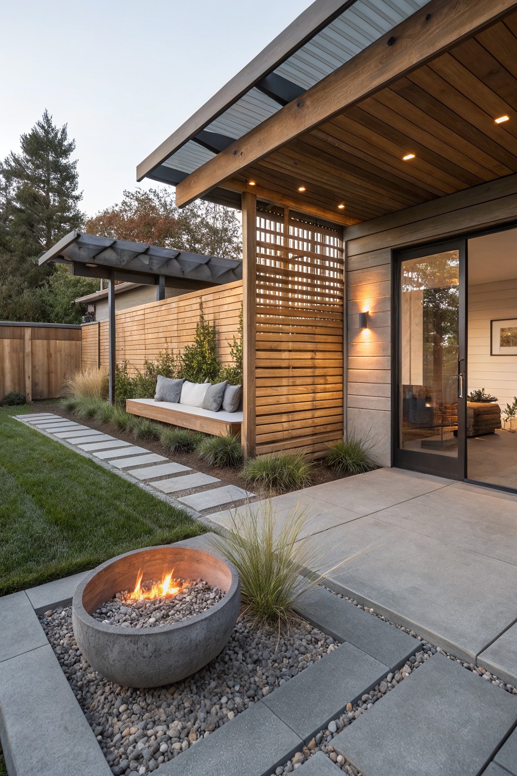 A lit concrete fire pit bowl set into a gray paver patio surrounded by pebbles and grasses, with a pathway, wooden bench against a lattice screen, and modern house sliding doors nearby.