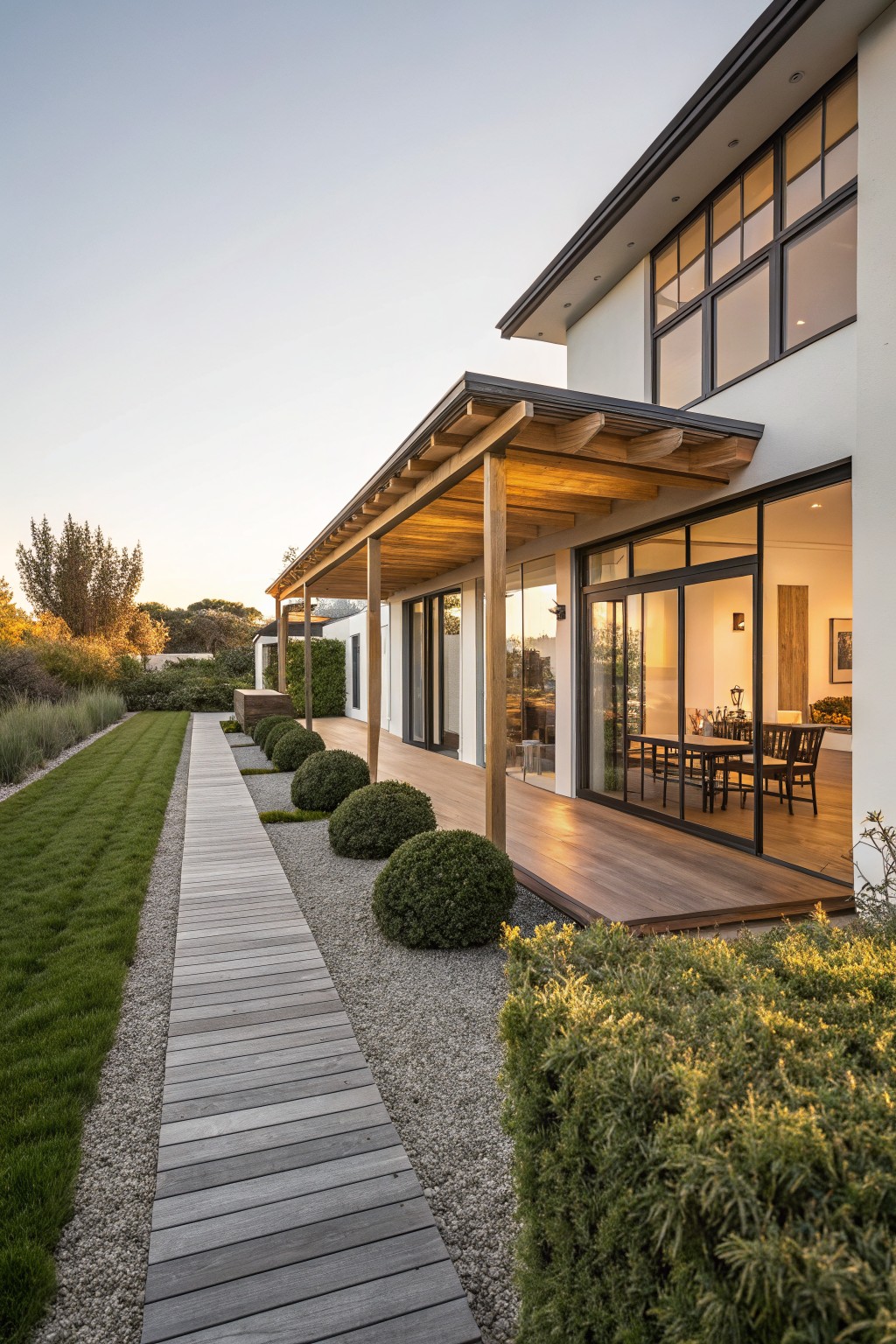 Side exterior view of a modern white house featuring a wooden pergola-covered deck with large glass sliding doors, a wooden boardwalk pathway lined with gravel, grass, and clipped shrubs, and trees in the background at dusk.