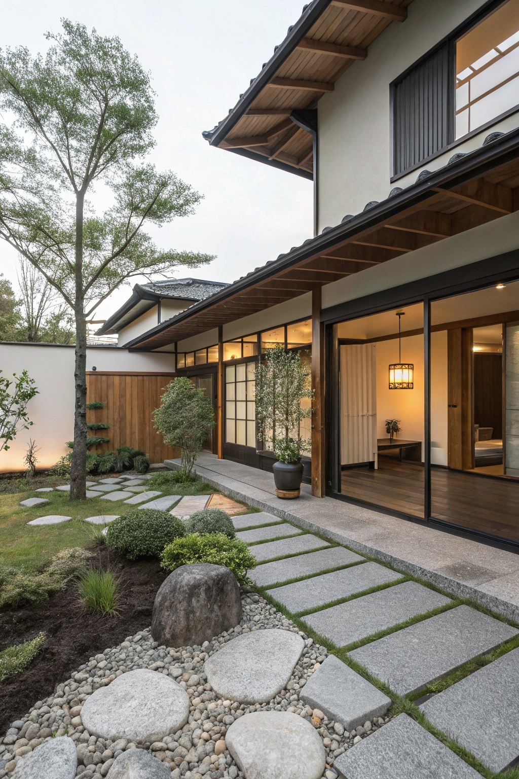 A gravel garden path with large irregular gray stepping stones leads to open sliding glass doors on a modern Japanese-style house exterior, surrounded by low plants, boulders, and mossy ground cover.