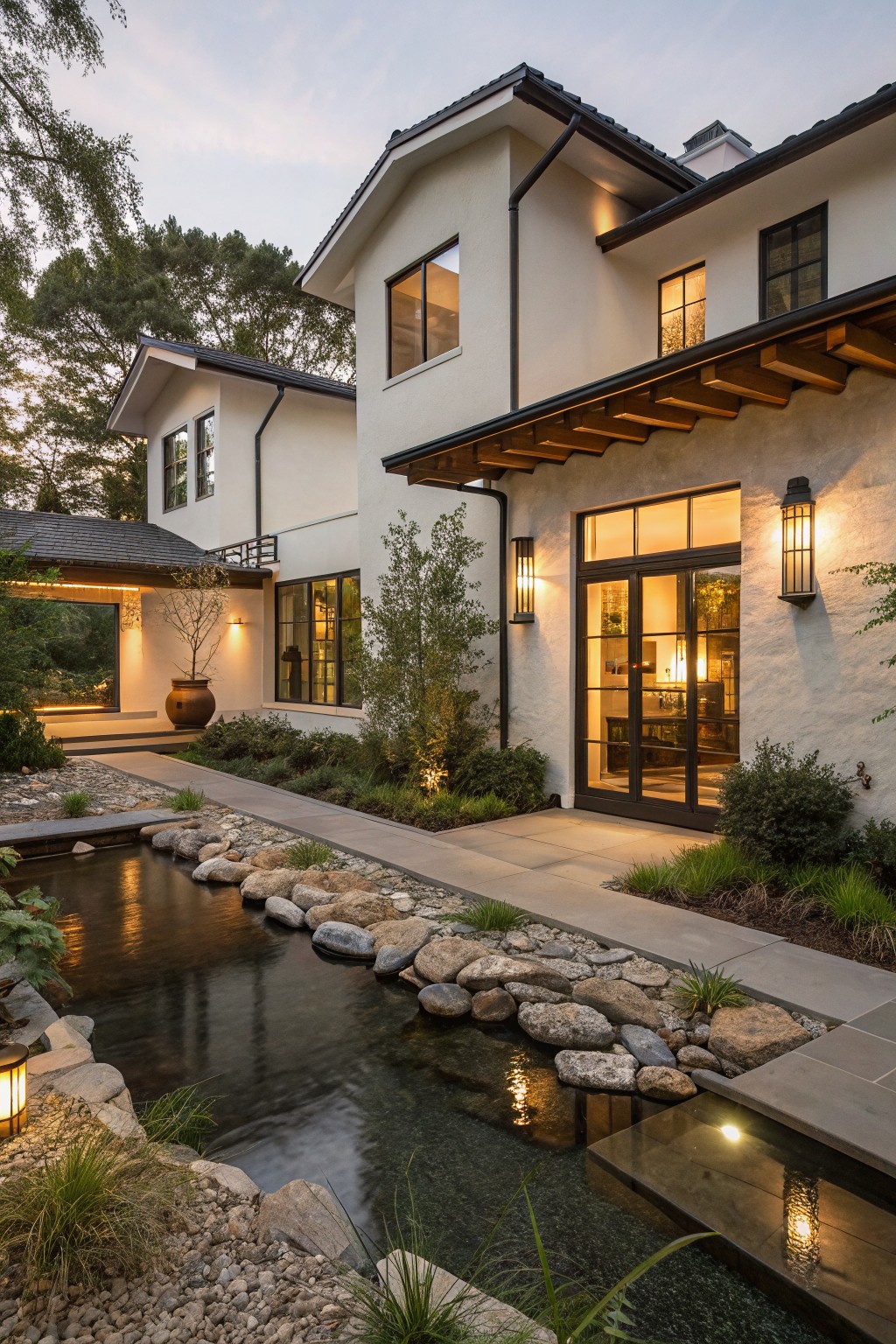 White stucco house exterior with black-framed windows and glass entry doors, connected by a covered walkway, approached via a stone path beside a rock-lined water channel with plants, lanterns, and boulders.