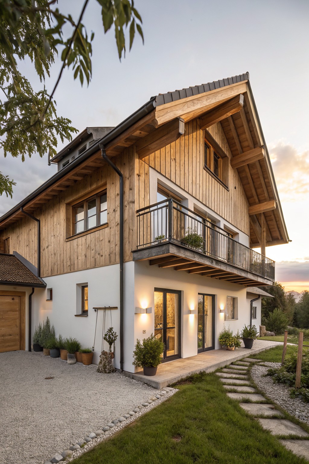 Two-story house exterior with vertical golden wood cladding on upper levels, white stucco lower walls and garage, black metal balcony railing, lit glass entry doors, potted plants, gravel driveway, and stone path edged by grass.