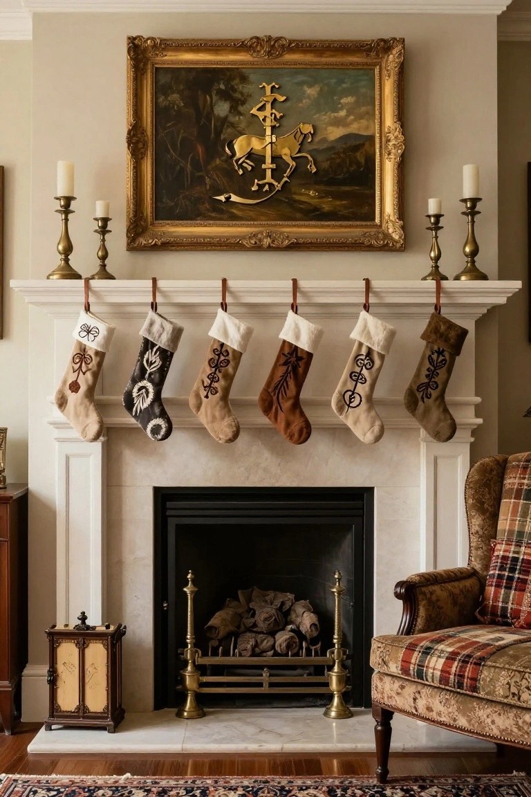 Fireplace mantel with six hanging Christmas stockings in beige, brown, black, and white fabrics featuring embroidered designs like anchors, bows, stars, and abstract patterns, flanked by brass candlesticks, a gold-framed painting above, a fire in the hearth, and a plaid armchair to the side.
