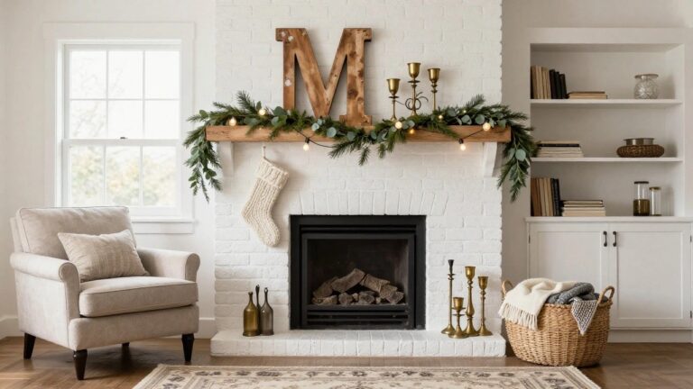 White brick fireplace with wood mantel holding a large wooden M letter, evergreen and eucalyptus garlands with fairy lights, knit stocking, gold candlesticks, beige armchair, seagrass basket with throw blanket, and patterned rug in a light-filled room.
