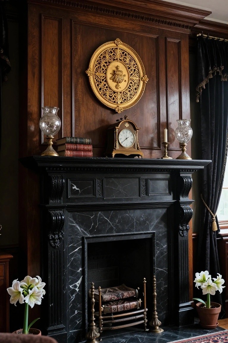 Wood-paneled room interior with black marble fireplace mantel holding brass clock, stacked leather books, glass candelabras, and potted white lilies on sides, ornate gold filigree plaque mounted on wall above.
