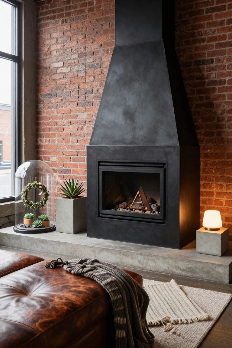 Brick-walled interior with black fireplace on concrete hearth, glass dome over wreath and succulents on mantle, potted agave plant, leather ottoman with throw blanket and rug in front.