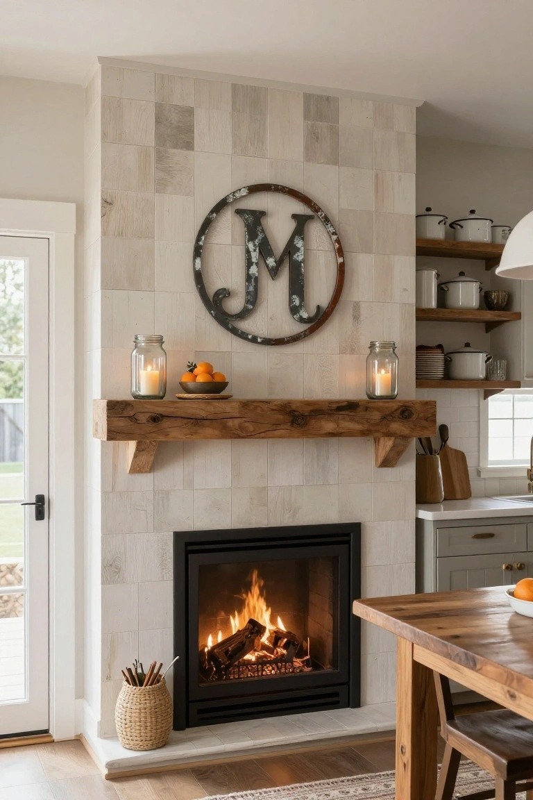 Beige subway tile fireplace with gas logs burning, rustic wood beam mantel holding mason jar candles and a bowl of oranges, large distressed metal JM monogram centered on the wall above, beside white kitchen cabinets and wood dining table.