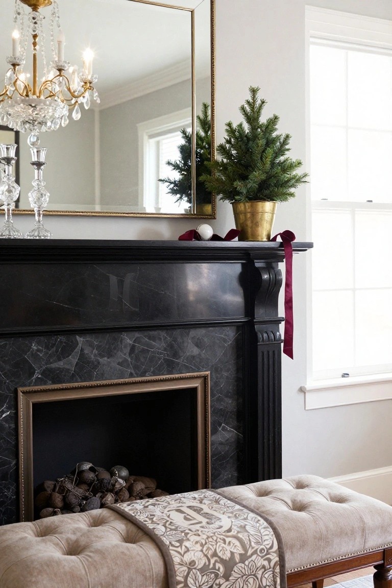 Black marble fireplace mantel holding a small potted Christmas tree in a gold pot with red ribbon, a white ball ornament, glass candleholders, and a beige tufted bench in front.