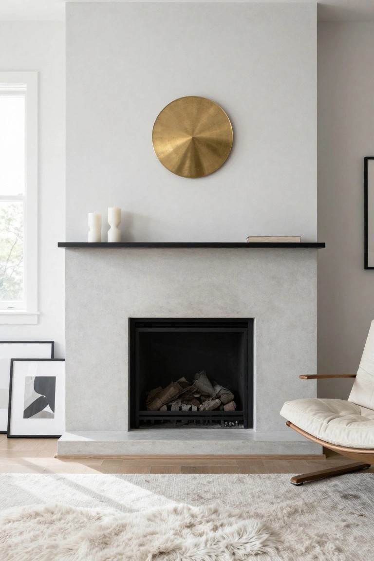 Gray stone fireplace with black mantel shelf holding two white sculptural candles and a book, gold circular wall hanging above, cream armchair on wood floor with white rug in modern living room.