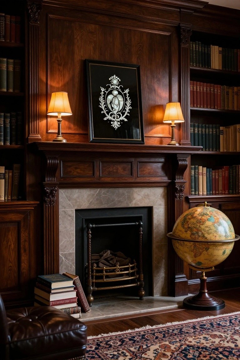 Wood-paneled library room featuring bookshelves, a fireplace with stacked logs, a framed black crest above the mantle flanked by table lamps, an antique globe stand, stacked books, and a leather armchair on a patterned rug.