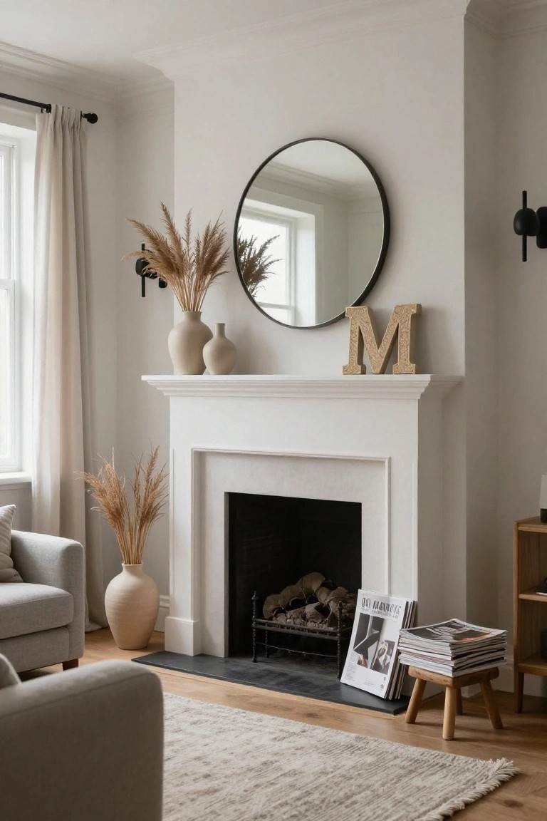 White fireplace mantel with large gold 