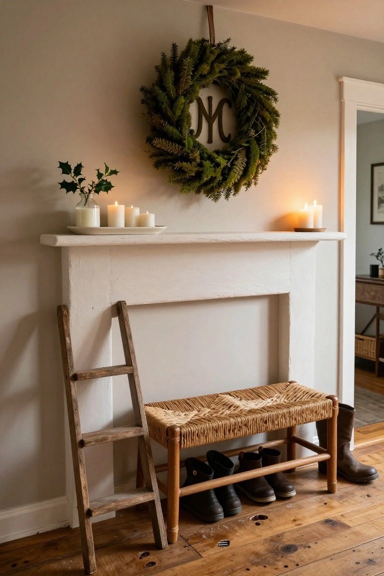 White fireplace mantel with a green wreath featuring 