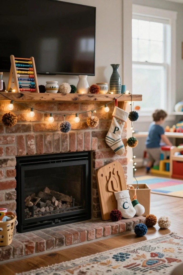 Brick gas fireplace with burning logs, wooden mantel shelf holding colorful abacus toy, vases, and wool pom poms, two monogrammed white Christmas stockings labeled P and C hanging from shelf with string lights, boy playing at table in background.