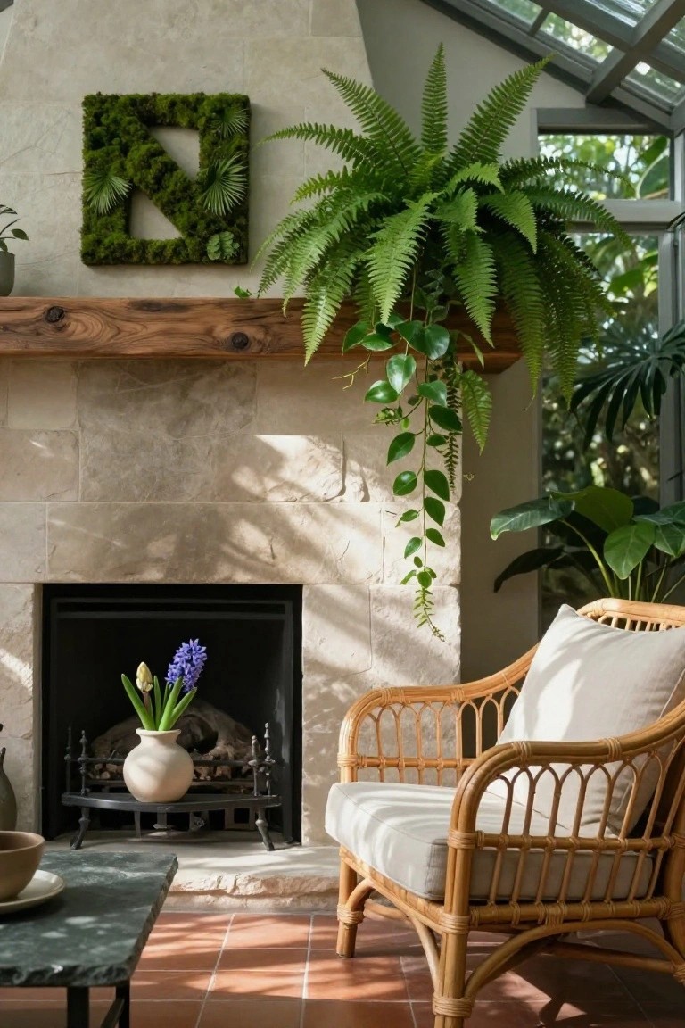 Stone fireplace mantel with a square moss wall art forming an 