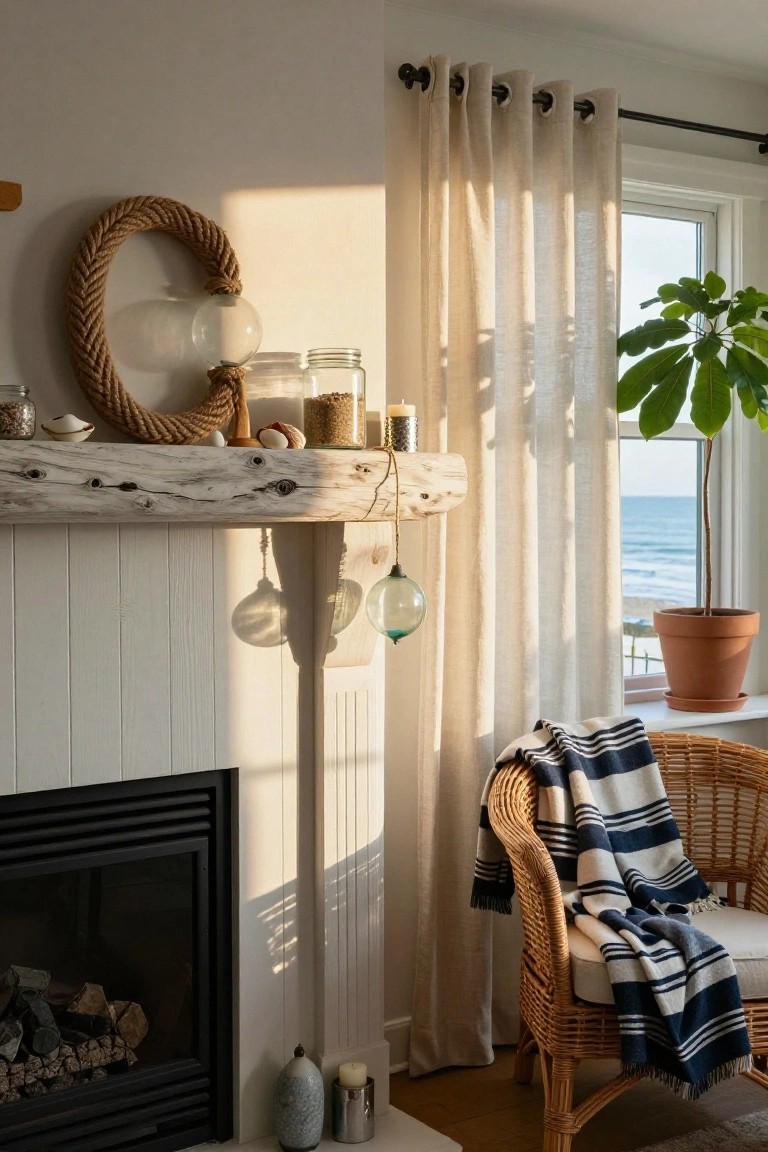 White shiplap fireplace with driftwood mantel holding rope 
