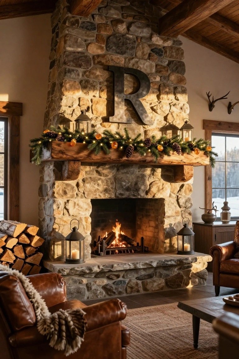 Rustic stone fireplace in a wood-beamed room with a wooden mantel decorated for Christmas using evergreen garland with lights and pinecones, a large metal R letter on the stone, lanterns, stacked firewood, and leather chairs nearby.