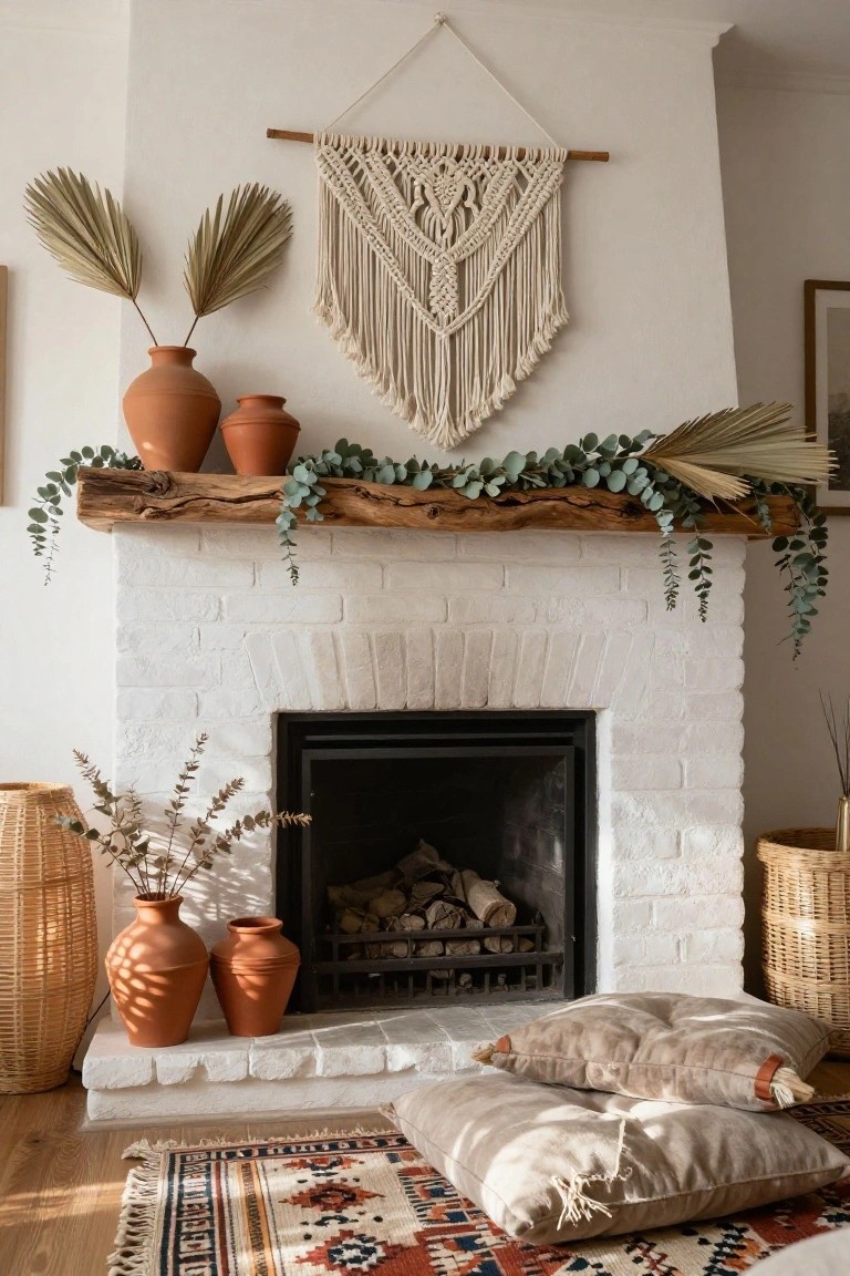 White brick fireplace with reclaimed wood mantel shelf holding eucalyptus garland and terracotta vases with dried plants, macrame hanging above, floor cushions, and woven baskets nearby on a wood floor with patterned rug.