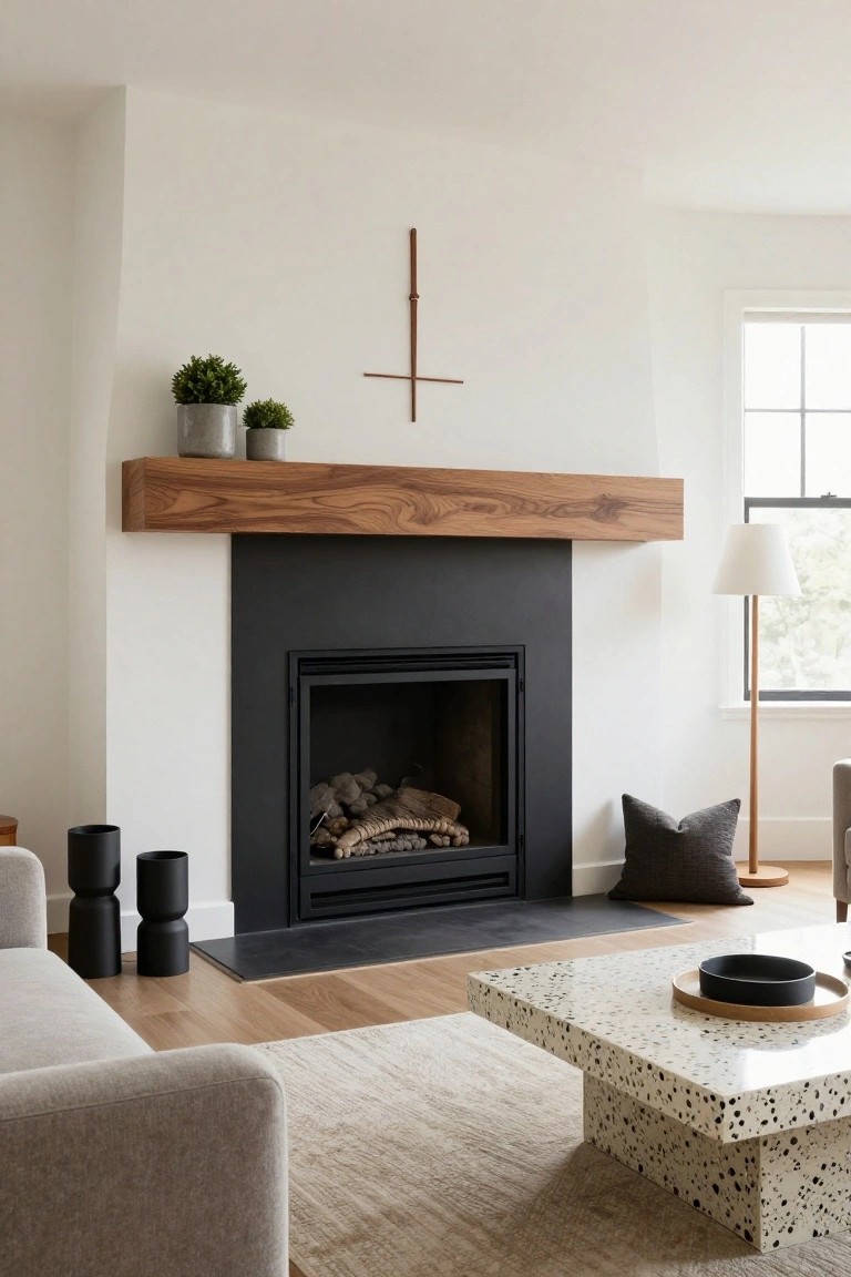 Modern living room with wood beam mantel over black fireplace holding two gray potted boxwood plants, wooden cross hanging above, black stacked vases on hearth, gray sofa, terrazzo coffee table, and beige rug on wood floor.