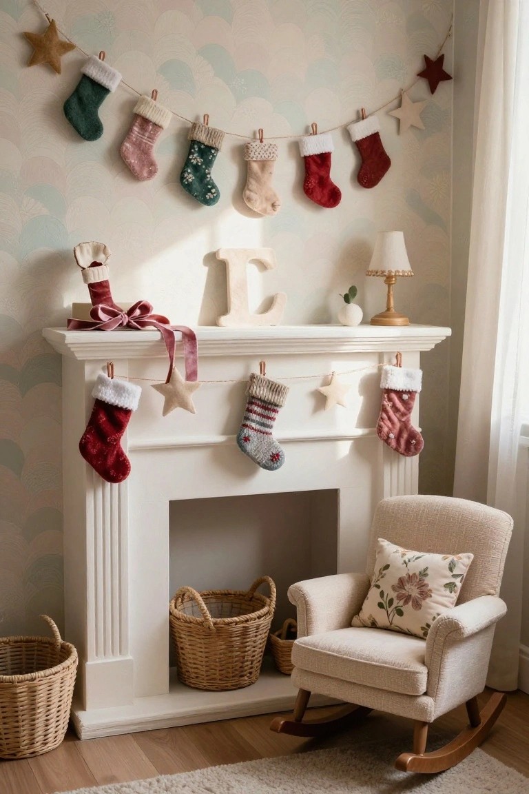 White fireplace mantel in a pastel nursery room decorated for Christmas with colorful knit stockings hanging from it, a large wooden 
