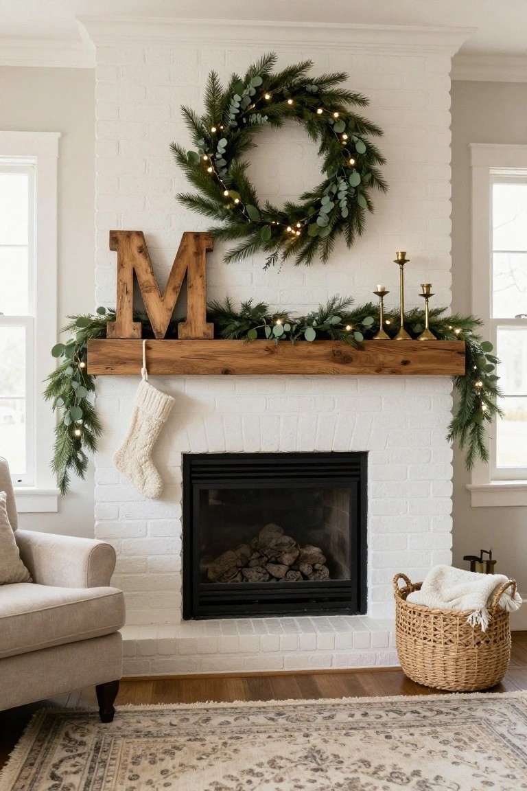 White brick fireplace with wood mantel holding a large wooden M letter, evergreen and eucalyptus garlands with fairy lights, knit stocking, gold candlesticks, beige armchair, seagrass basket with throw blanket, and patterned rug in a light-filled room.