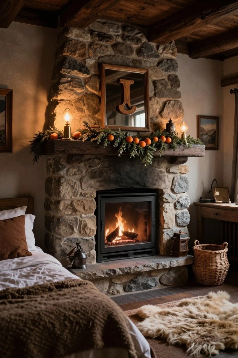 Stone fireplace in a bedroom with wooden mantel holding evergreen garland, oranges, and candles, a framed mirror with wooden J letter above the fire, bed with brown bedding and sheepskin rug nearby.