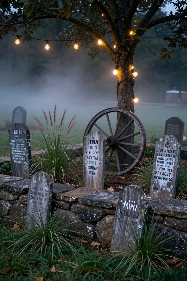 Faux wooden tombstones with painted inscriptions arranged in a garden bed against a stone wall, surrounded by ornamental grasses, a wagon wheel, string lights in a tree, and ground fog at dusk.