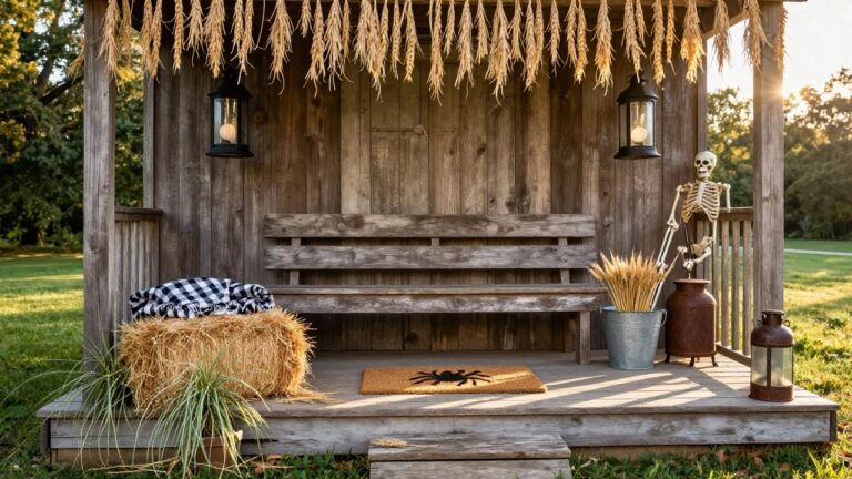 A covered gray wood porch with hanging wheat tassel garlands between black lanterns, a plaid-draped wooden bench, a galvanized bucket of wheat stalks beside a hay bale holding a skeleton on a wooden stool, a rustic milk can, potted grasses, and a black spider doormat on the steps.