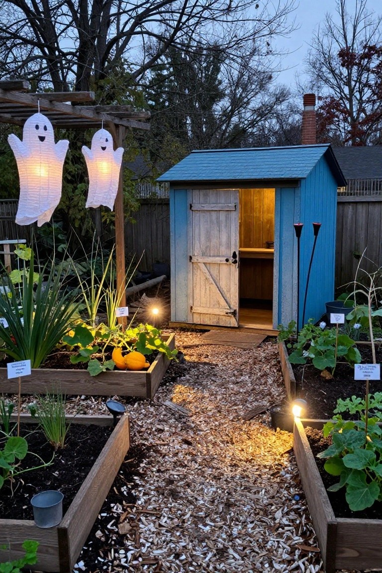 Dusk view of a backyard with raised wooden garden beds containing pumpkins, vegetables, and labeled plants, a small blue wooden shed with open white door and interior light, two tall white paper ghost lanterns hanging from a wooden arbor, black torch-shaped lights beside the shed, and a gravel path lit by ground lights.