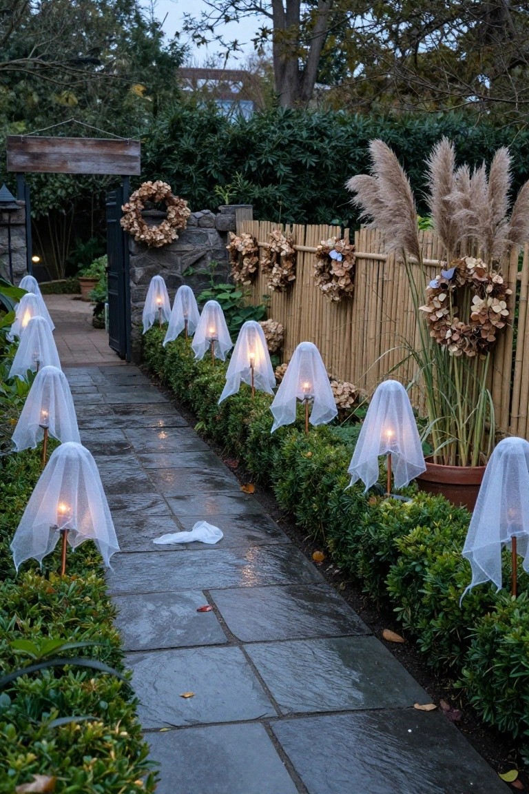 Wet stone pathway in a garden lined on both sides with white fabric-covered lanterns on copper stakes, next to boxwood hedges, pampas grass, and a bamboo fence leading to a gate with wreaths.
