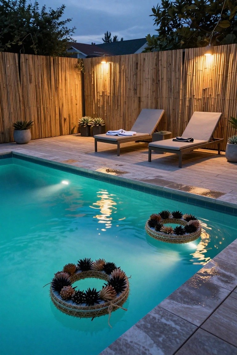 Twilight view of a rectangular pool with two floating ring decorations woven from reeds and decorated with spiky dark pinecones, adjacent bamboo fence, two lounge chairs with towels, potted succulents, and overhead lights.