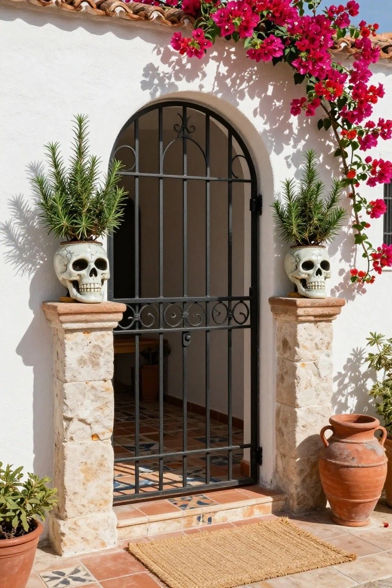 White stucco house entrance featuring an arched black wrought iron gate flanked by stone pedestals with white skull-shaped planters holding spiky green plants, bougainvillea vines overhead, terracotta pots nearby, and tiled steps with a woven mat.
