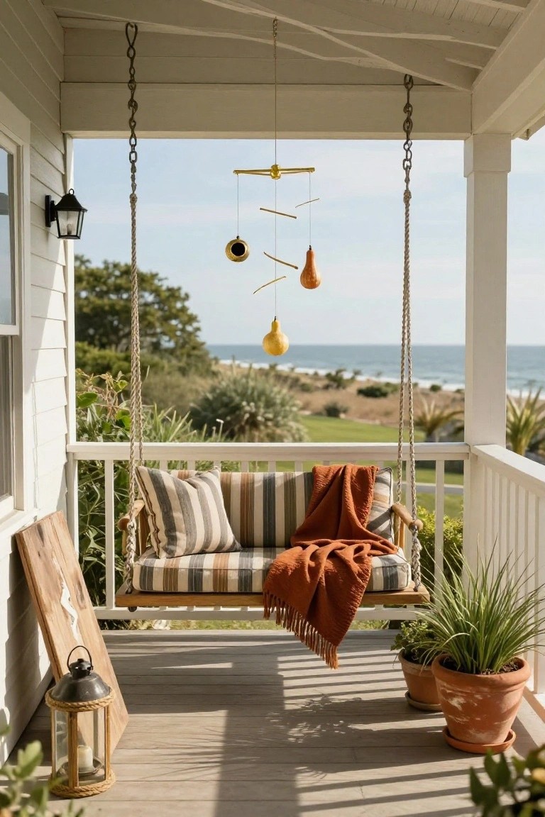 A covered white porch features a wooden swing with striped cushions and an orange throw blanket, yellow gourd-shaped wind chimes hanging from the ceiling, potted plants, lanterns, and a view of the ocean and landscape.