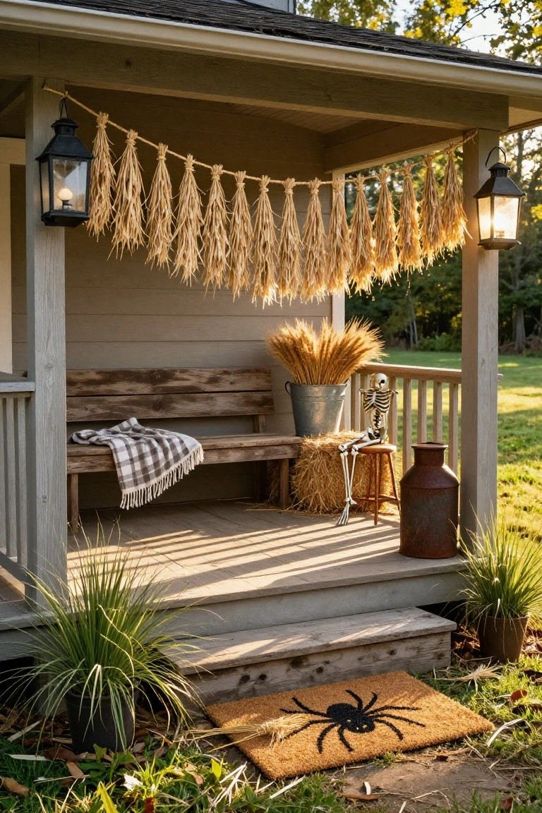 A covered gray wood porch with hanging wheat tassel garlands between black lanterns, a plaid-draped wooden bench, a galvanized bucket of wheat stalks beside a hay bale holding a skeleton on a wooden stool, a rustic milk can, potted grasses, and a black spider doormat on the steps.