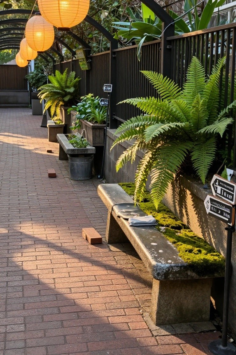 Brick pathway under black metal archway strung with glowing orange paper lanterns, lined with potted ferns and plants, a mossy stone bench, metal bucket, and wooden directional signs.