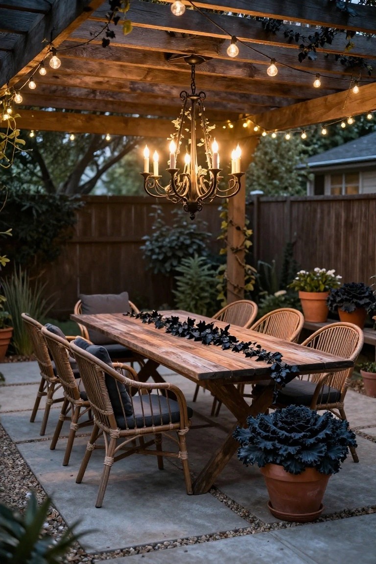 Rustic wooden dining table on a gravel patio under a wooden pergola with string lights and a candle chandelier, table topped with black leaf garlands, surrounded by rattan chairs with gray cushions and potted plants including dark purple kale.