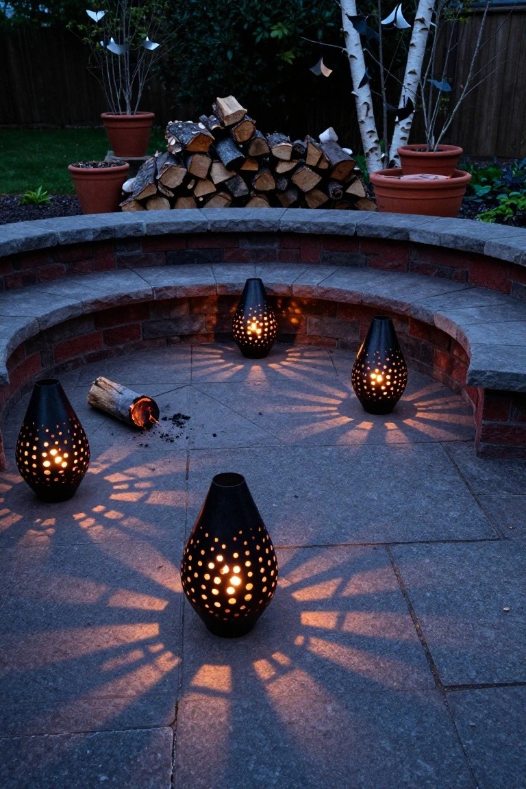 Curved brick bench on a stone patio surrounding several black pierced-metal lanterns with lit candles casting glowing patterns and shadows, a burning log nearby, wood stack and potted plants in a garden setting at dusk.