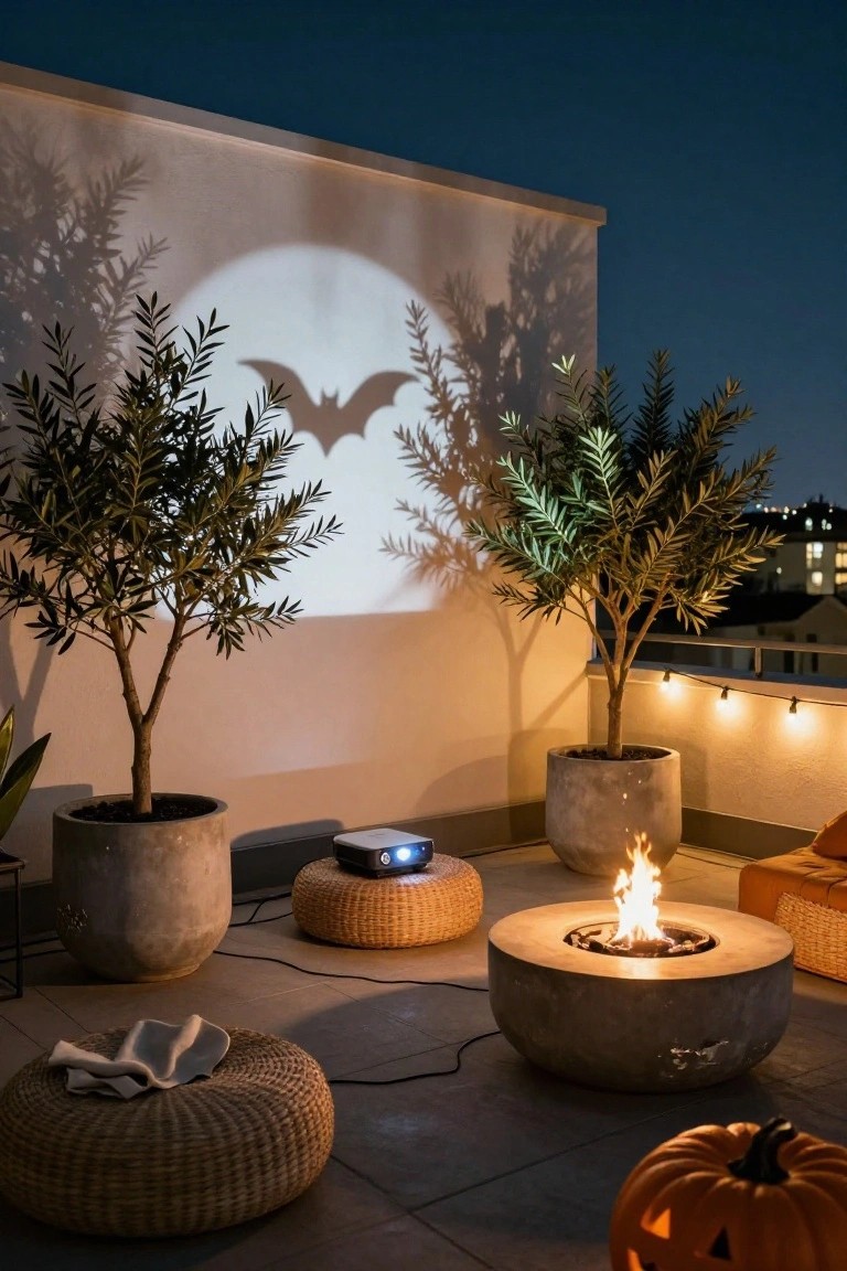 Nighttime balcony with potted olive trees, woven pouf seats, concrete fire pit with flames, projector casting large bat shadow on white wall, string lights, and carved pumpkin on tiled floor.