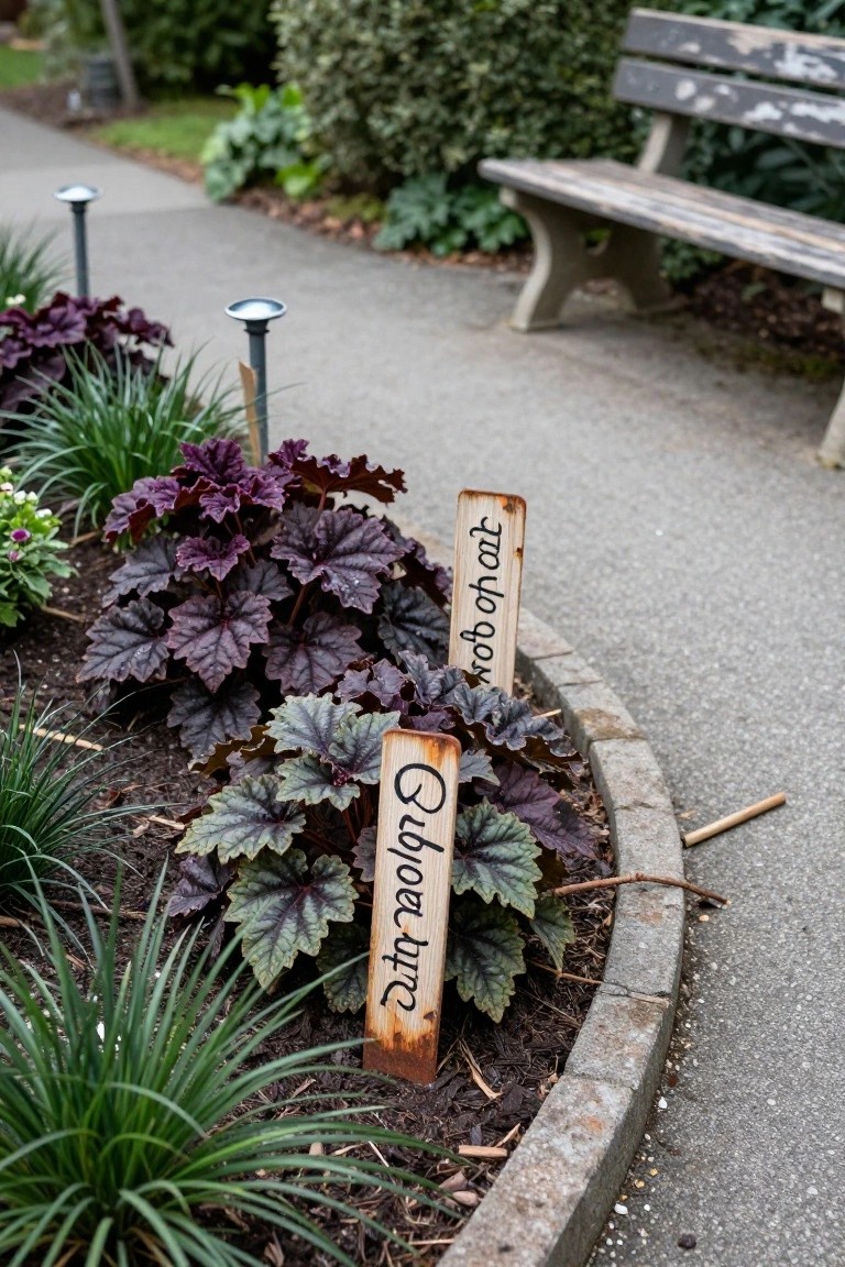 Curved stone-edged garden bed planted with dark purple Heuchera labeled Heuchera Obsidian and Heuchera Plum Pudding, beside a concrete path with path lights, grasses, and a wooden bench nearby.