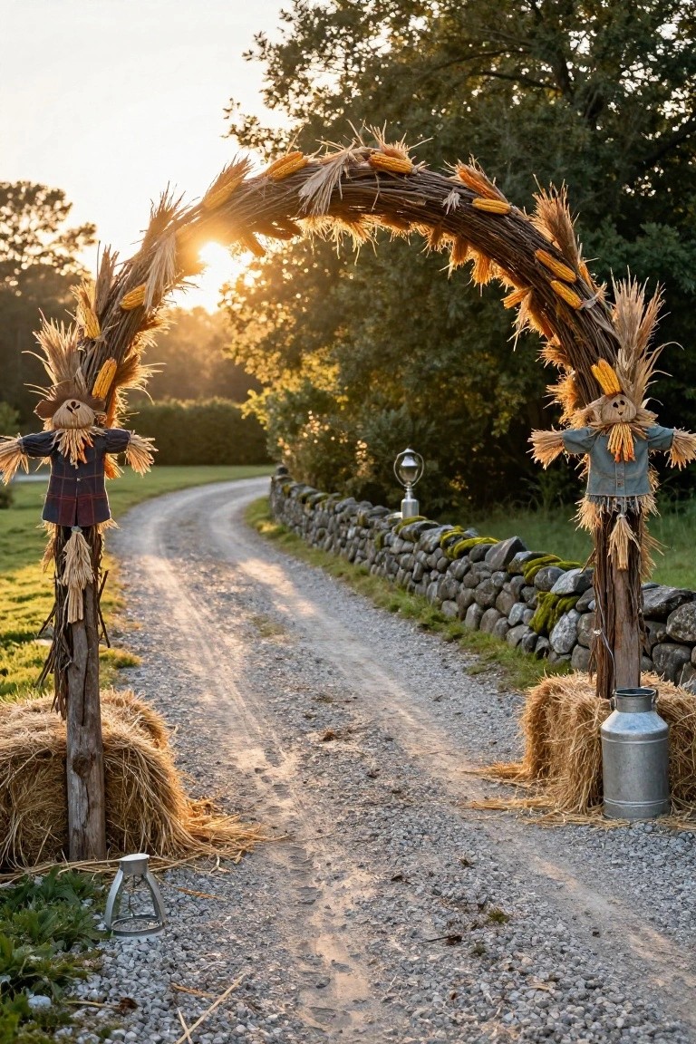 Rustic archway of cornstalks and hay over a gravel driveway with scarecrow figures on wooden posts, hay bales and a milk can at the base, stone wall alongside, and trees in the background at sunset.
