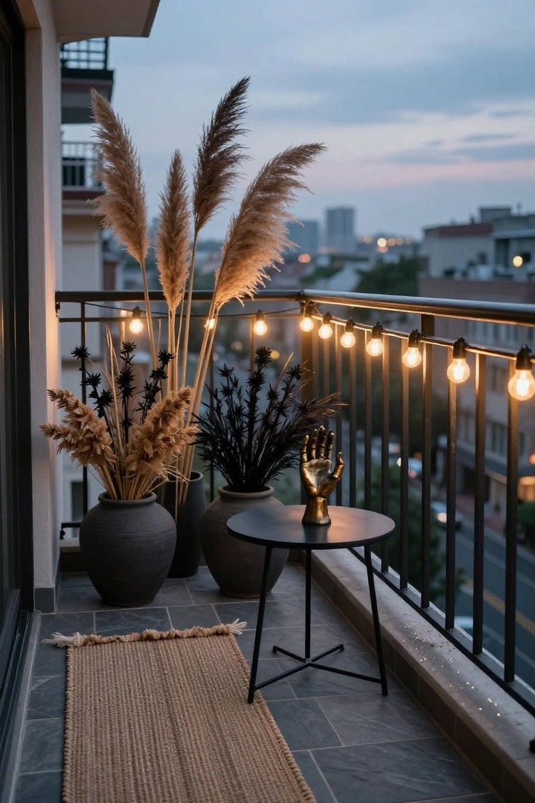 Balcony at dusk featuring tall beige pampas grasses and black dried plants in large gray pots, a gold hand sculpture on a black round table, string lights along the black metal railing, a seagrass rug on gray tile floor, and city view beyond.
