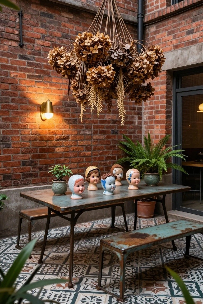 Brick-walled outdoor courtyard with rustic metal table and benches holding several vintage porcelain doll heads in hats and bonnets, potted plants around, and large hanging cluster of dried hydrangeas overhead.