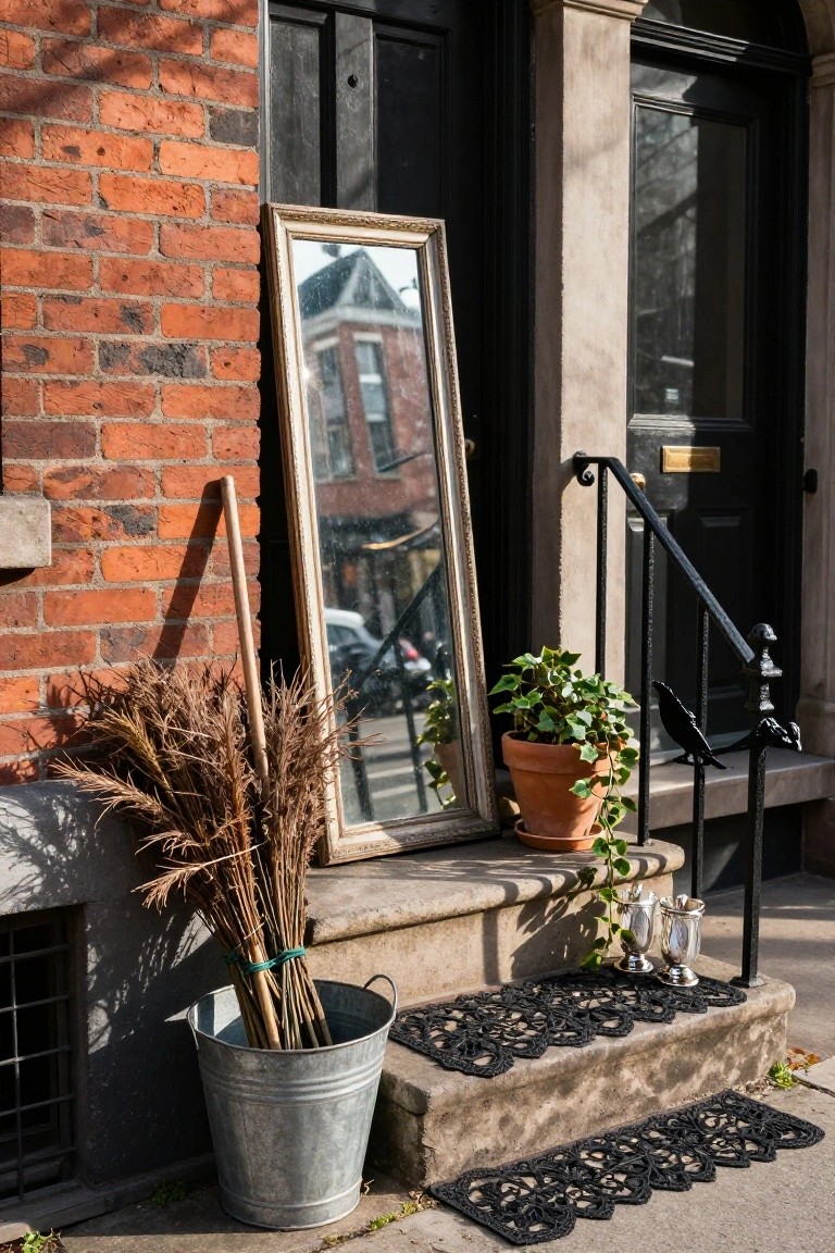 Brick row house front stoop featuring a tall antique mirror leaning against the wall, galvanized bucket with bundled dried grasses and broom handles, potted ivy plant on railing, black crow decorations, silver candlesticks, and black lace doormats on steps.