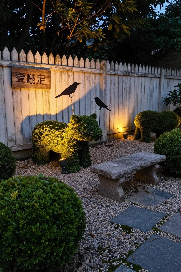 Backyard garden at dusk featuring a weathered white picket fence with a wooden 