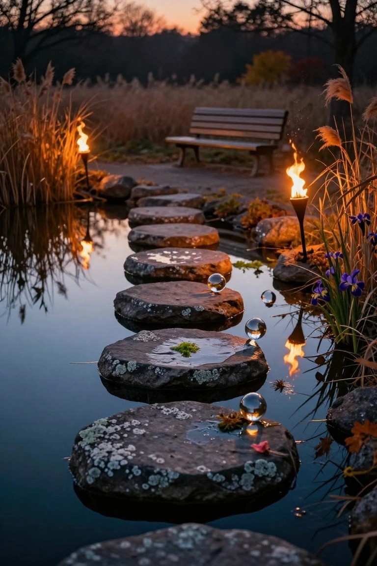 A pathway of large flat moss-covered stepping stones across a narrow pond in a garden at sunset, flanked by tall reeds and lit by several flaming torches, with clear glass spheres and leaves placed on some stones.