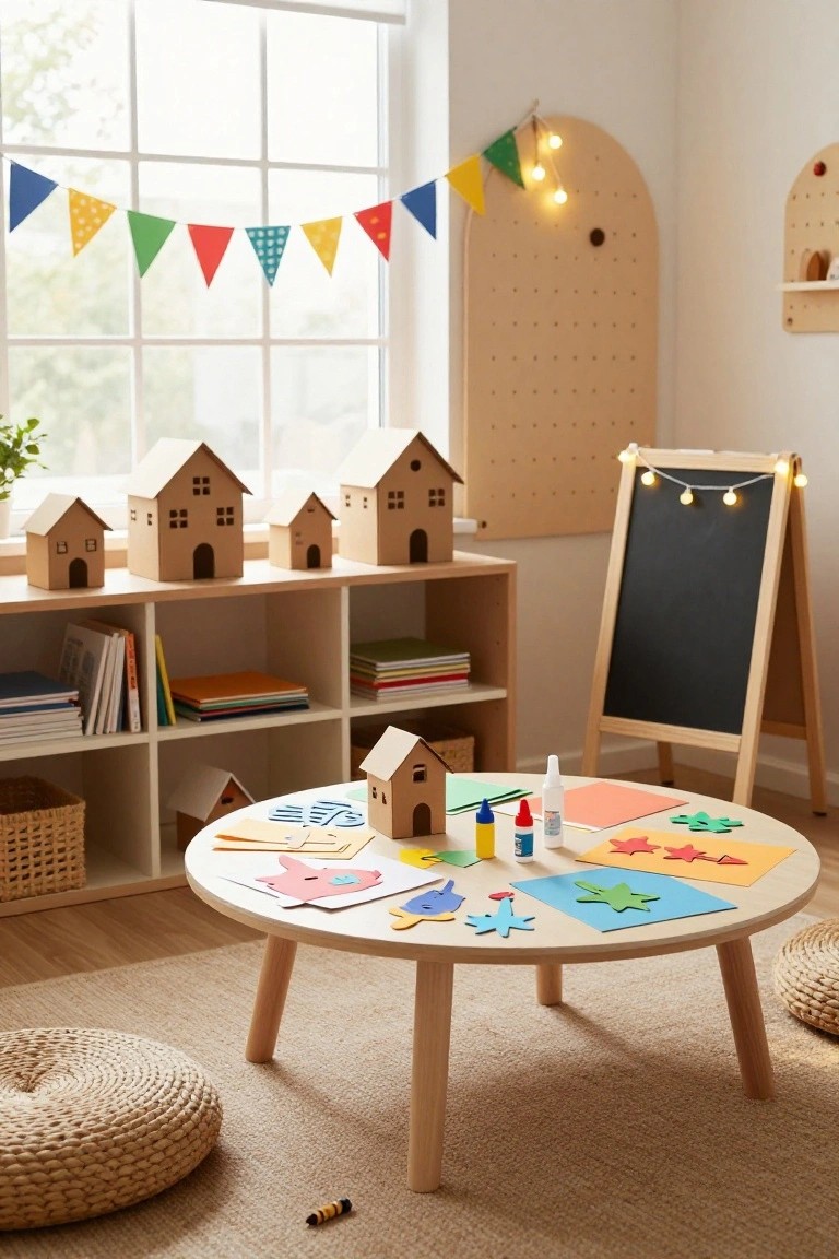 Cozy indoor playroom with colorful triangle paper bunting strung across a large window, several small cardboard houses displayed on windowsill and wooden shelves, round craft table covered in paper cutouts stars fish and glue bottles, blackboard easel, bookshelves, and woven poufs on the floor.